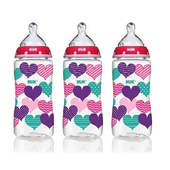 NUK Bottle with Perfect Fit Nipple 0+ Months Medium Hearts 3 Wide-Neck Bottles 10oz (300 ml) Each