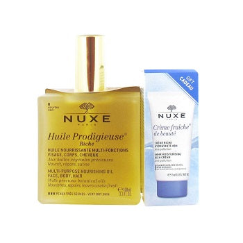 Nuxe Huile Prodigieuse Riche Multi-Purpose Oil 100ml + Crème Fraîche de Beauté Rich Moisturising Cream 48H 15ml Offered